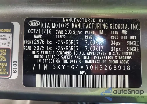 2017 Kia Sorento 2.4L Lx z USA, uszkodzony, nr VIN 5XYPG4A30HG268918